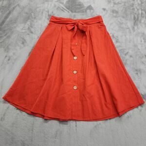 See You Monday Skirt Womens L Burnt Orange Linen Blend Pleated Tie Button Front